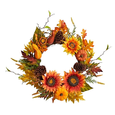 24" Sunflower, Pumpkin, Gourds, Pinecone & Berries Autumn Artificial Wreath