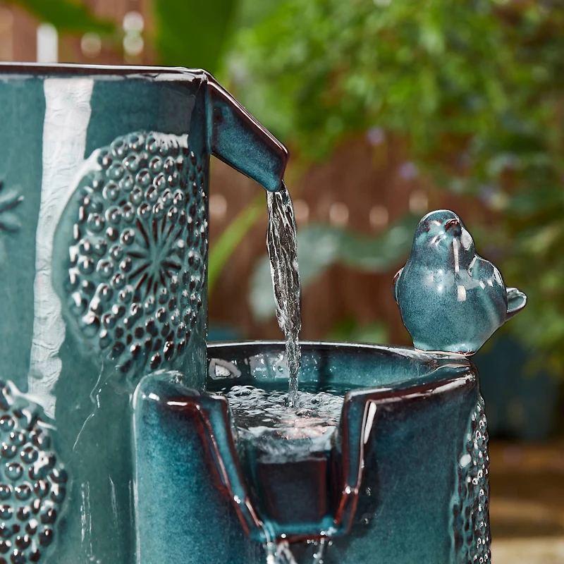 Glitzhome® 31.75" Turquoise 4-Tier Dandelion Texture Vase-Shaped Ceramic Outdoor Fountain with LED Light