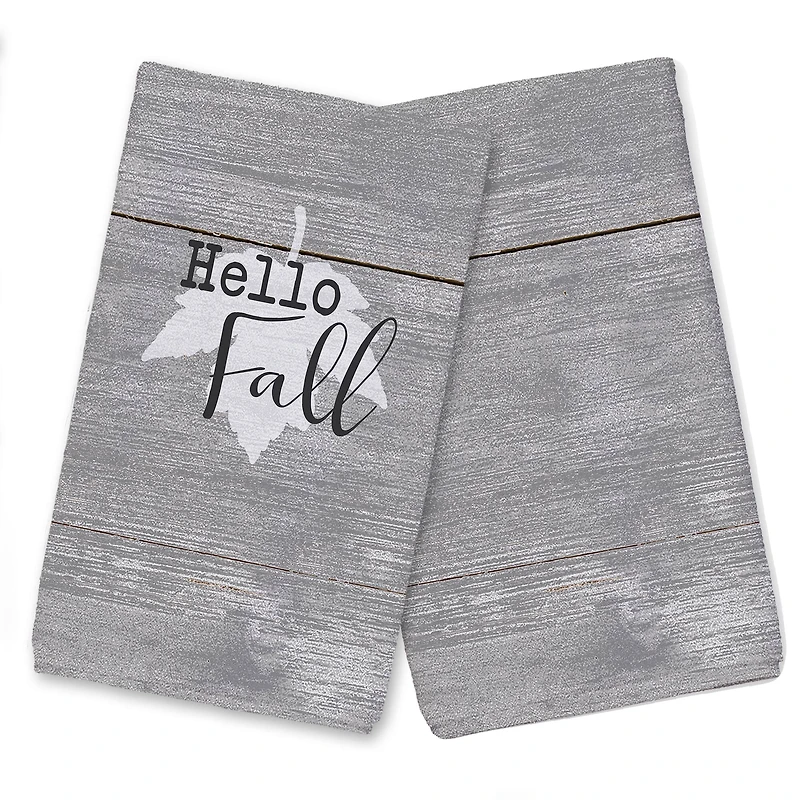 Hello Fall Gray Leaf Tea Towel Set