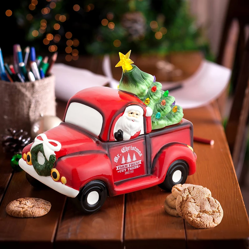 Red Truck Cookie Jar with Lit Green Tree