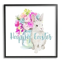Stupell Industries Happy Easter Calligraphy Bunny Pink Flower Bouquet Framed Giclee Art