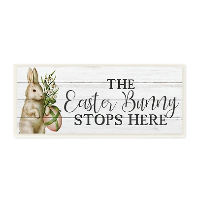 Stupell Industries Easter Bunny Stops Here Country Grain Pattern Phrase Wall Plaque Art