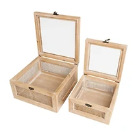 The Novogratz Light Brown Box with Glass Top & Rattan Side Panels Set