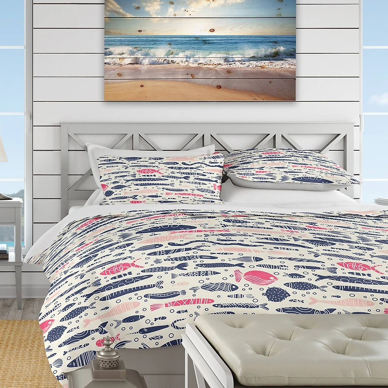 Designart 'Cute Fishes with Doodles' Nautical & Coastal Bedding Set