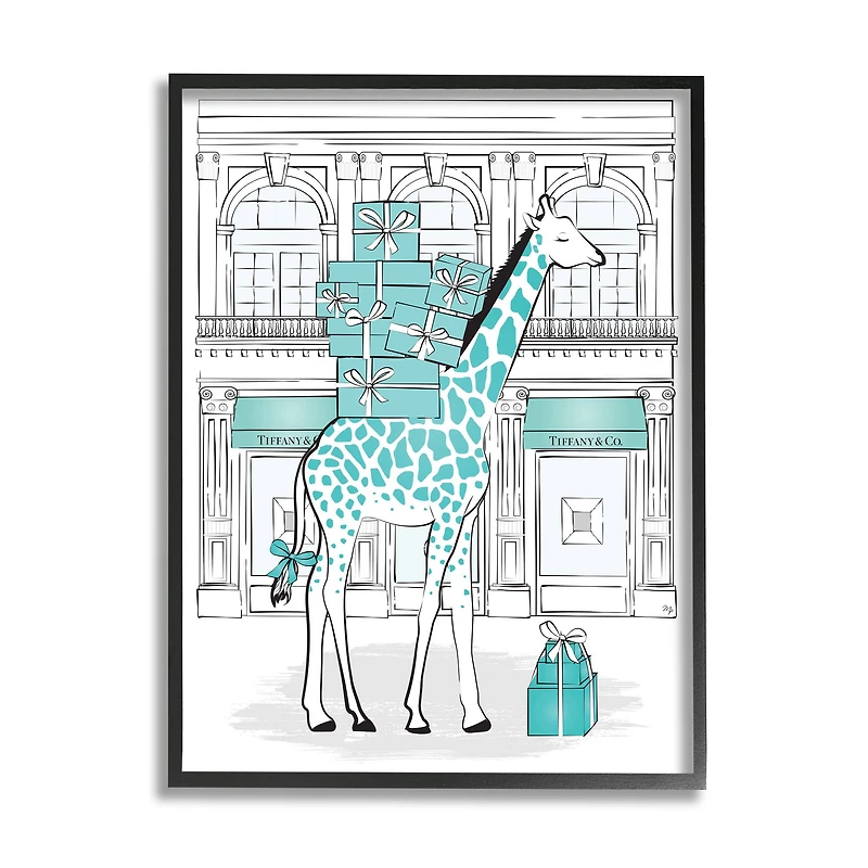 Stupell Industries Giraffe with Stacked Gift Boxes Wall Art in Black Frame