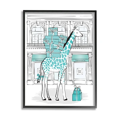 Stupell Industries Giraffe with Stacked Gift Boxes Wall Art in Black Frame