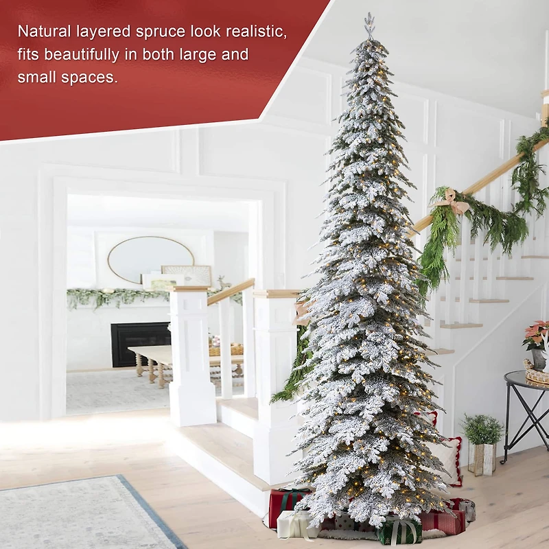 15ft. Pre-Lit Flocked Pencil Spruce Artificial Christmas Tree, Warm White LED Lights