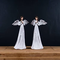 12" Angel Figurines with Silver Floral Accent Set