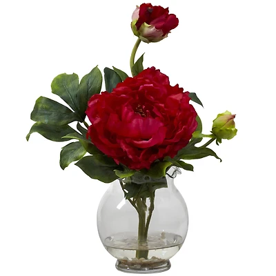 13.5" Red Peony Arrangement in Fluted Vase