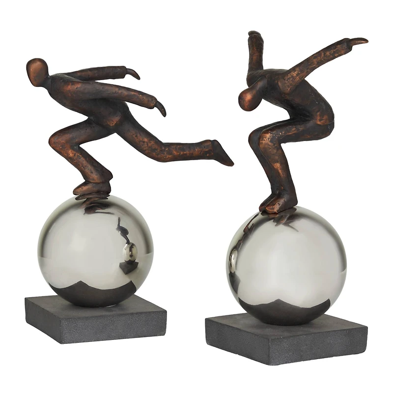 Bronze People Sculpture with Silver Ball Stand Set