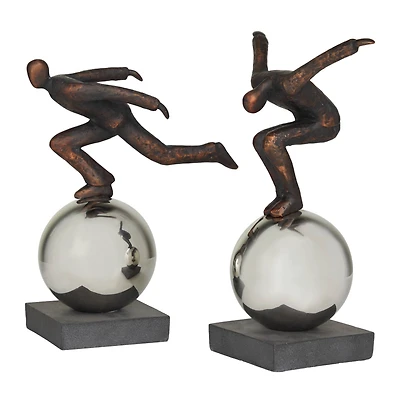 Bronze People Sculpture with Silver Ball Stand Set