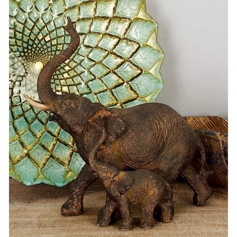 11" Brown Eclectic Polystone Elephants Sculpture