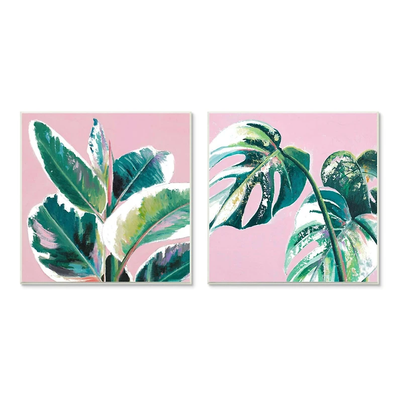 Stupell Industries Pink Geometric Cropped Tropical Plant Wall Plaque Set