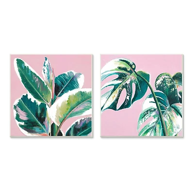 Stupell Industries Pink Geometric Cropped Tropical Plant Wall Plaque Set