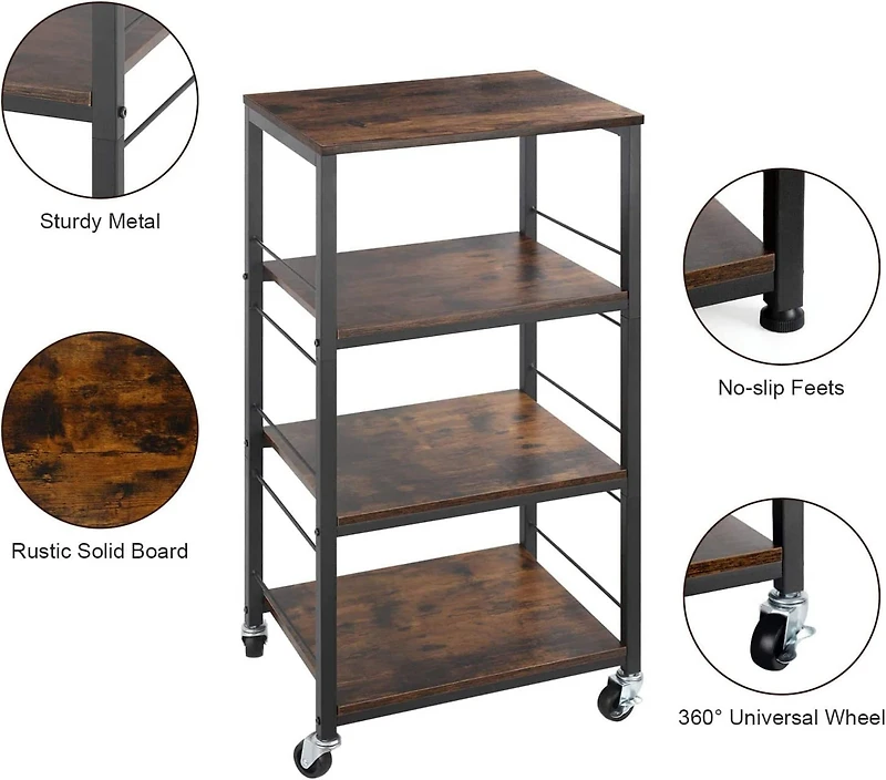 Rustic Brown 4-Tier Utility Cart Rolling Kitchen Storage Cart Wood Top