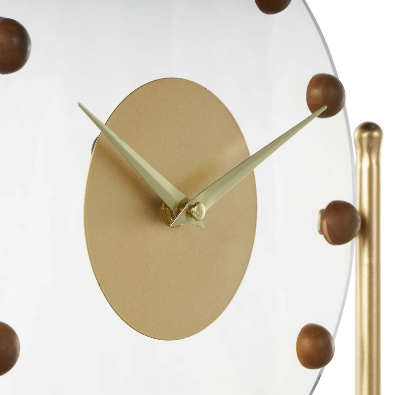 11.5" Gold Metal & Acrylic Face Decorative Clock with Wood Ball Accents