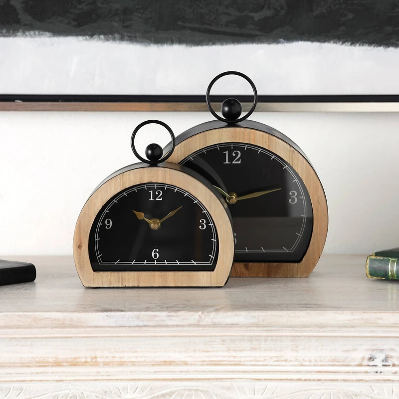 Wooden Semicircle Clock Set with Brown Wooden Frame & Ring Handle