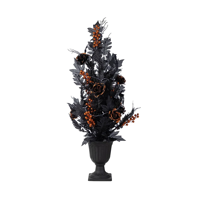 Glitzhome® 36"H Halloween Lighted Black Rose with Orange Glitter Urn Porch Tree with Timer