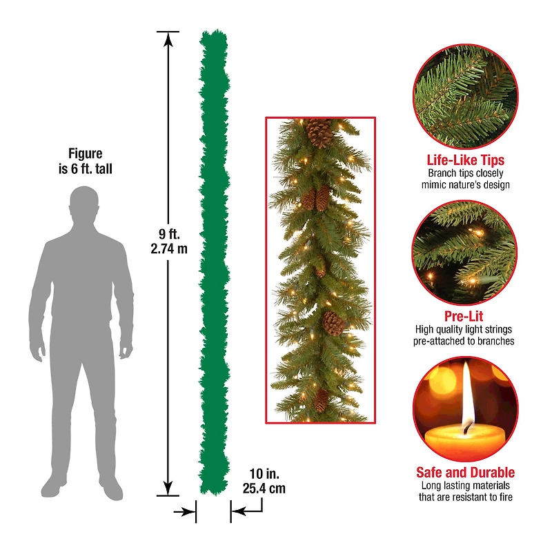 9' x 10" Pre-lit Pine Cone Artificial Christmas Garland with 50 Clear Lights-UL