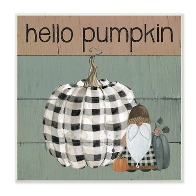 Stupell Industries Hello Pumpkin Rustic Greeting Patchwork Plaid Gnome,12" x 12"