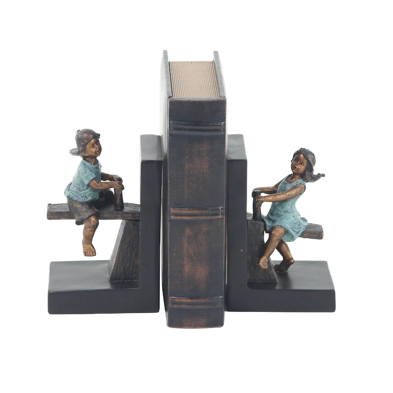 8" Brown Polystone Playing Children Bookends