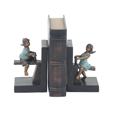 8" Brown Polystone Playing Children Bookends
