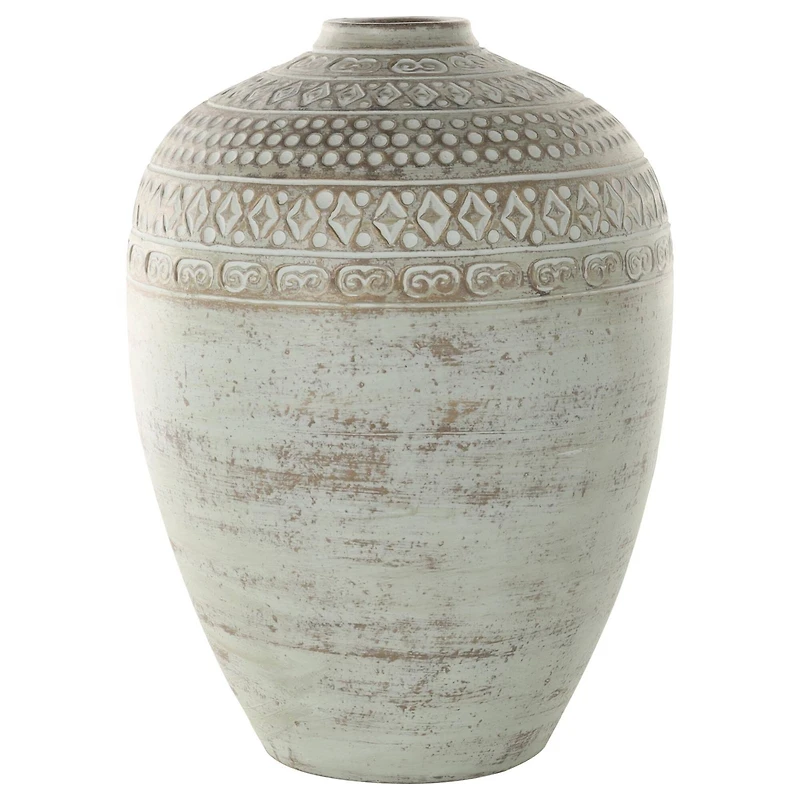 15.25" Green Ceramic Handmade Antique Style Decorative Vase with Geometric Tribal Carvings