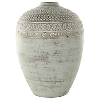 15.25" Green Ceramic Handmade Antique Style Decorative Vase with Geometric Tribal Carvings