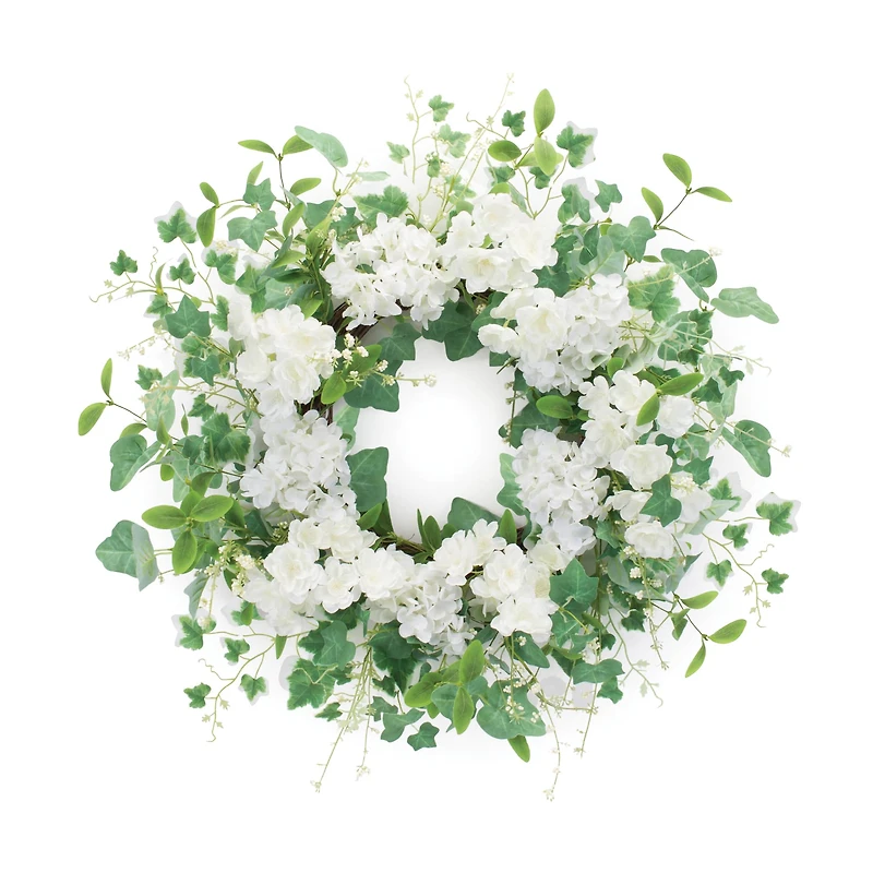 22" White Hydrangea & Ivy Leaf Wreath