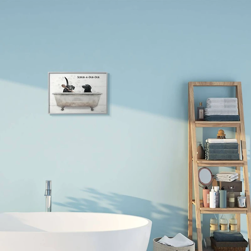 Stupell Industries Scrub a Dub Dub Quote Family Pet Dog Bath in Gray Frame Wall Art