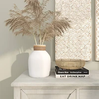 11" White Ceramic Vase with Wrapped Rattan Detailing