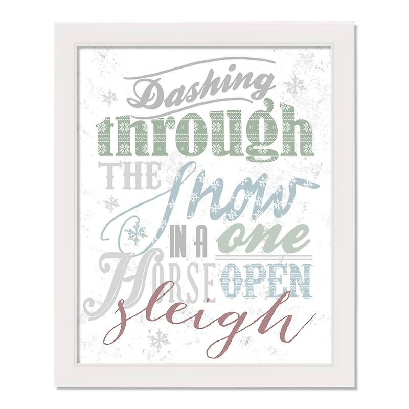 Dashing Through the Snow Typography White Framed Canvas Wall Art