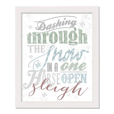 Dashing Through the Snow Typography White Framed Canvas Wall Art