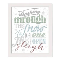 Dashing Through the Snow Typography White Framed Canvas Wall Art
