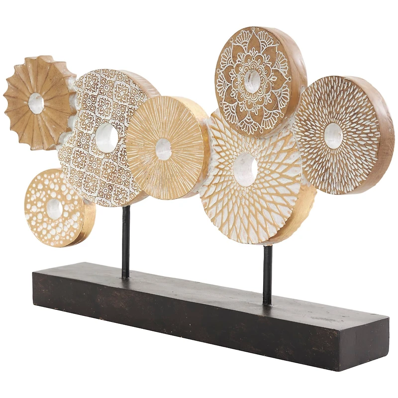 12" Beige Abstract Floral Circle Metal Sculpture Stand