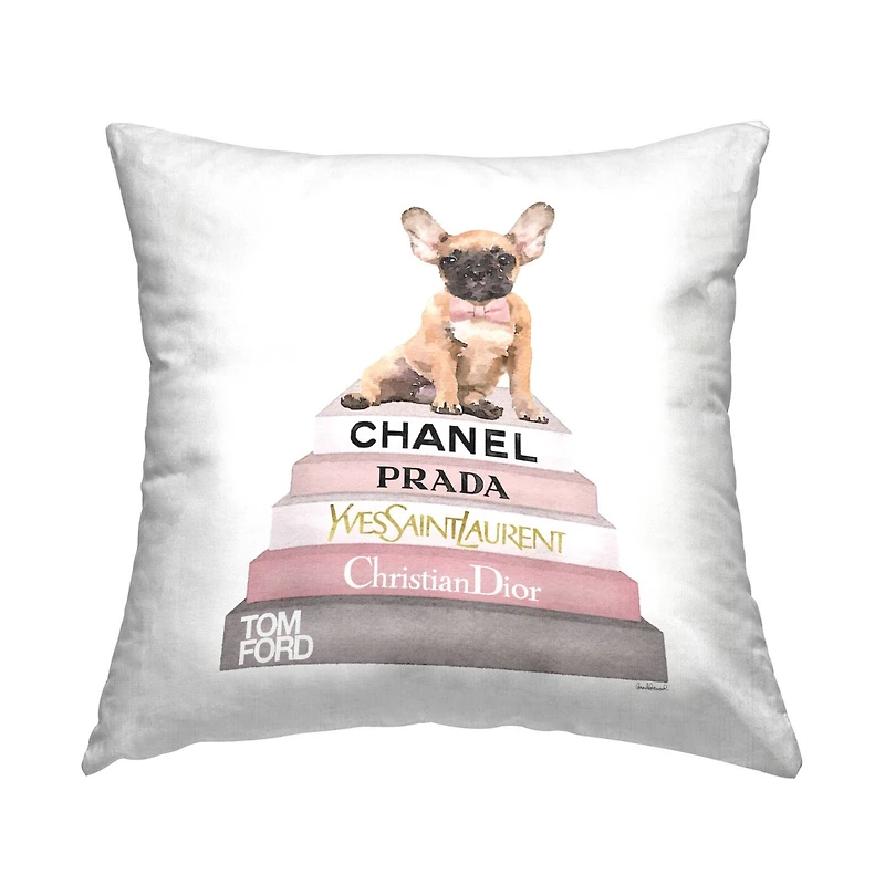 Stupell Industries Trendy Dog Atop Glam Brand Bookstack Throw Pillow, 18" x 18"