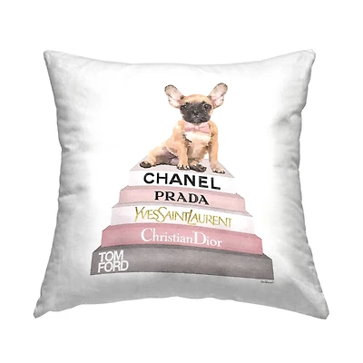 Stupell Industries Trendy Dog Atop Glam Brand Bookstack Throw Pillow, 18" x 18"