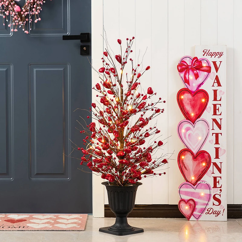 Glitzhome® 36" Valentine's Lighted Red Berry Heart Urn Porch Tree with Timer