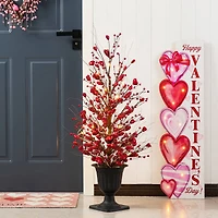Glitzhome® 36" Valentine's Lighted Red Berry Heart Urn Porch Tree with Timer