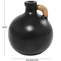 11" Black Ceramic Jug Inspired Vase with Rattan Wrapped Handle