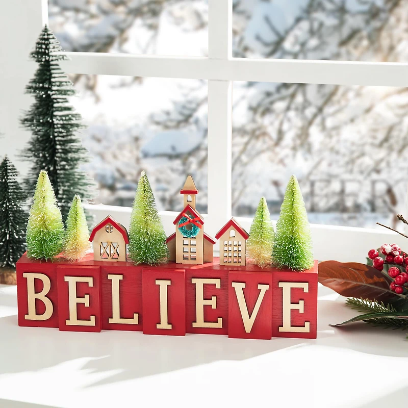 Glitzhome® 14" Christmas Believe House & Brush Trees Table Décor