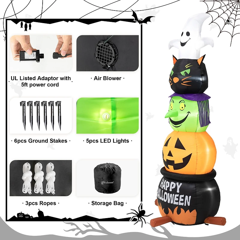 Glitzhome® 8ft. Lighted Halloween Inflatable Stacked Ghost, Black Cat, Witch & Pumpkin Décor