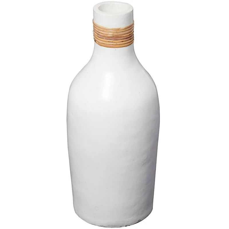 20" White Ceramic Vase with Wrapped Rattan Detailing