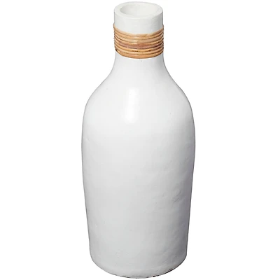 20" White Ceramic Vase with Wrapped Rattan Detailing