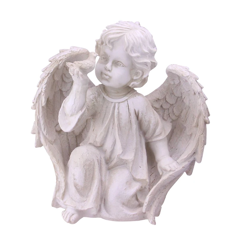 10" Ivory Cherub Angel on Knee with Dove Garden Statue