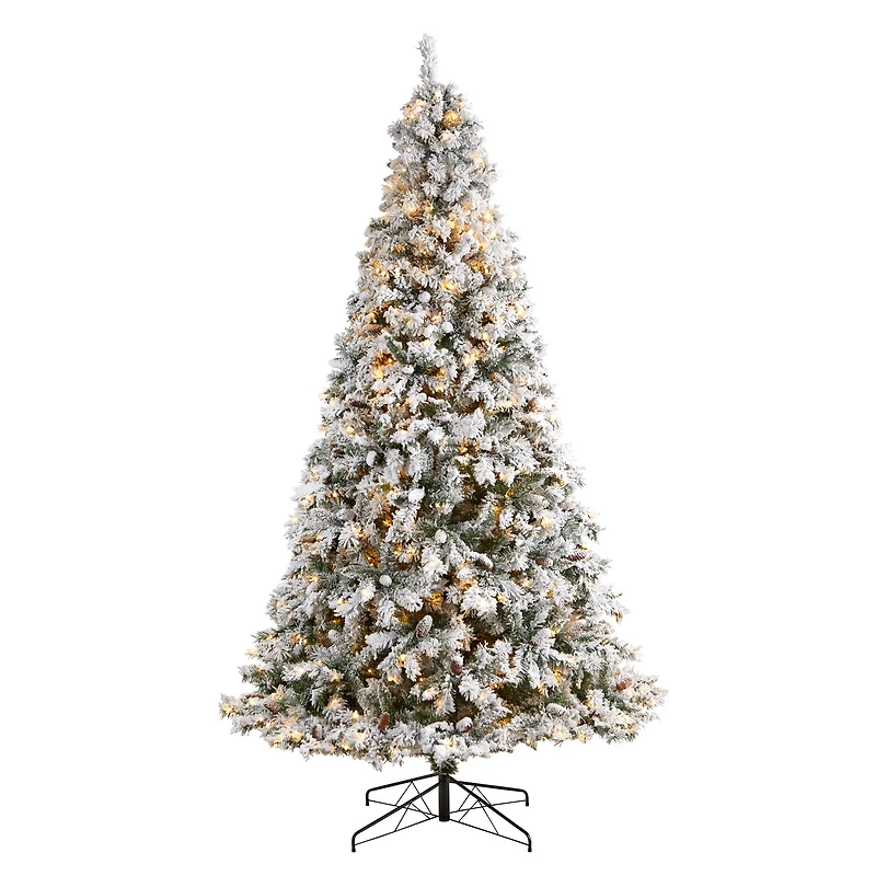 9ft. Pre-Lit Flocked White River Mountain Pine Artificial Christmas Tree, Clear LED Lights
