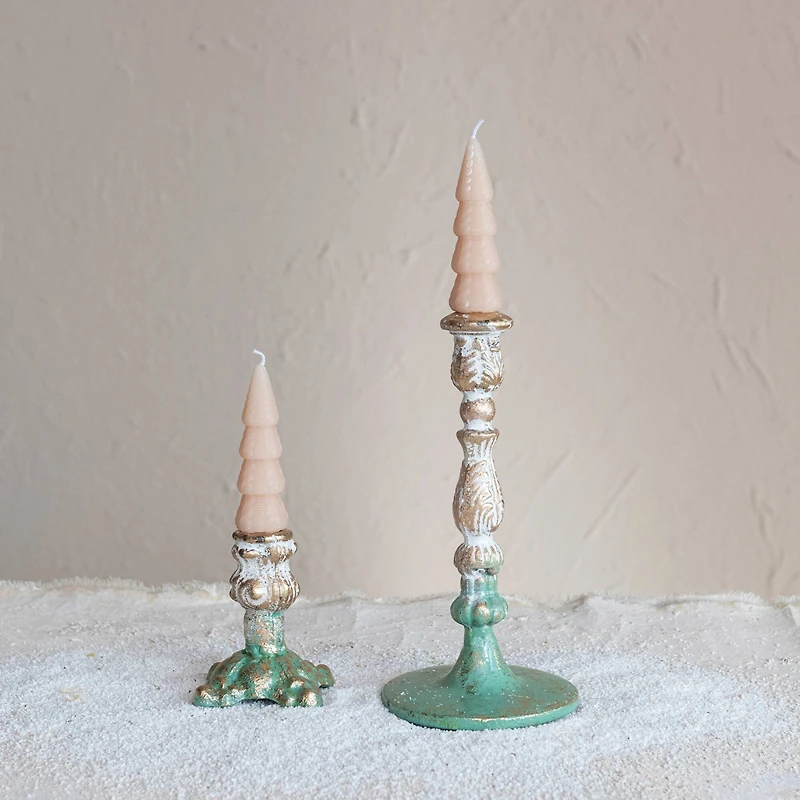 Hello Honey® 4" Green, Gold & Cream Distressed Cast Metal Taper Candleholder