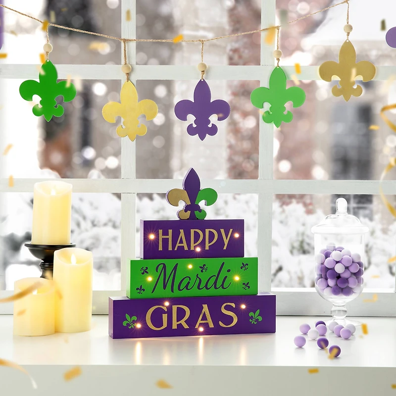 Glitzhome® 11.75" Lighted Mardi Gras Wooden Fleur-de-Lis Block Table Sign