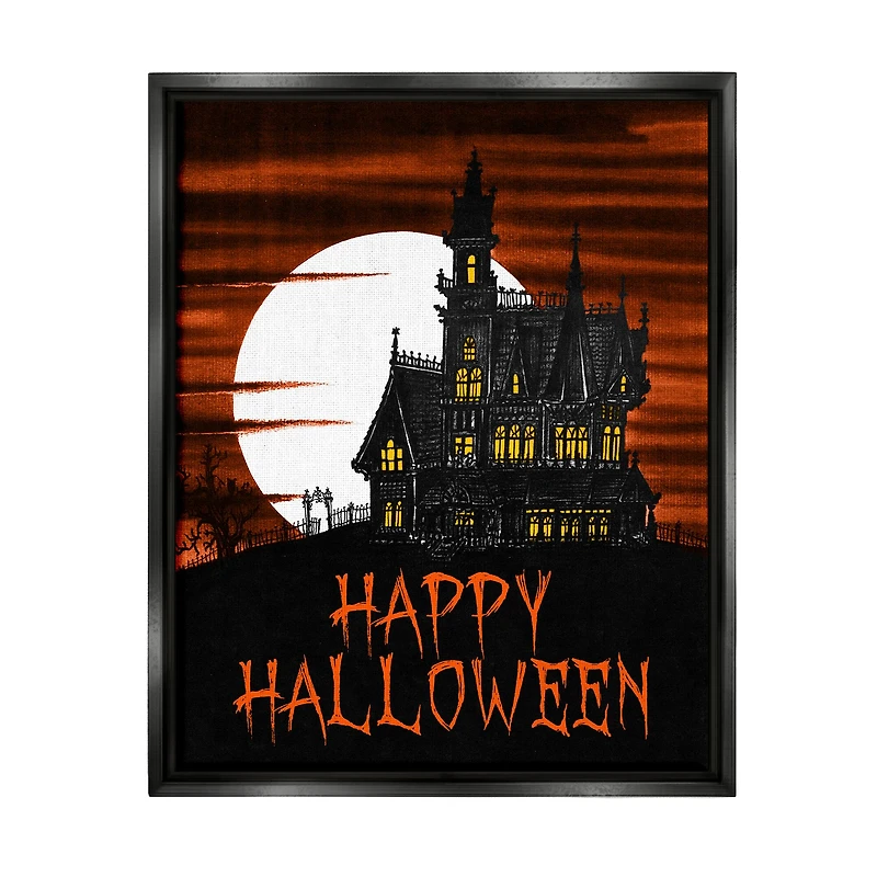 Stupell Industries Happy Halloween Haunted House Framed Floater Canvas Wall Art