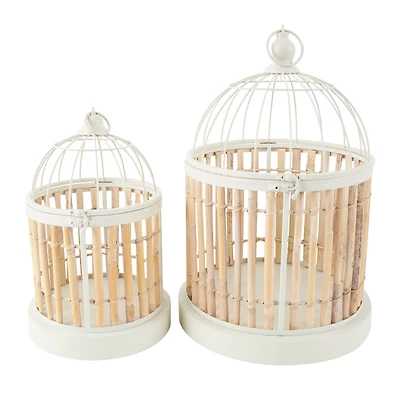 Brown Bamboo Wood Handmade Birdcage Set with White Metal Accents